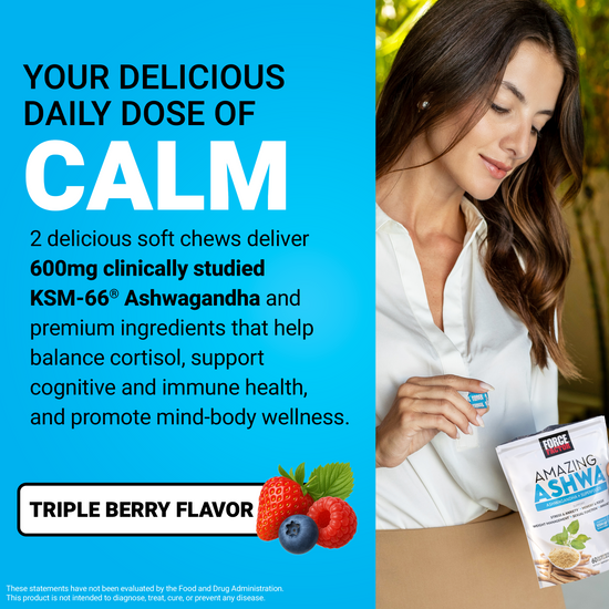 Woman holding Force Factor Amazing Ashwa soft chews, promoting calm, cortisol balance, and daily mind-body wellness.