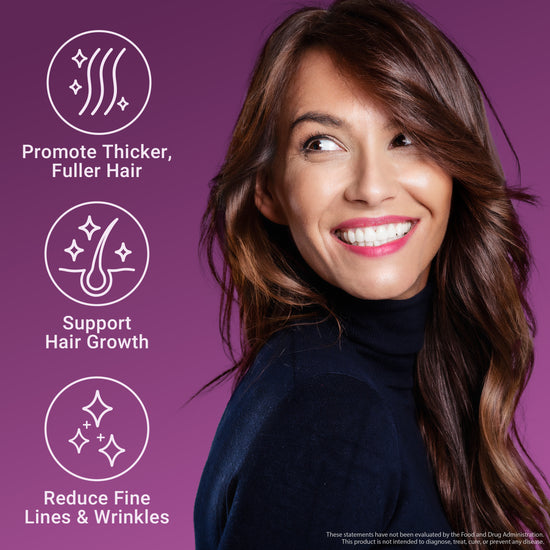 Smiling woman beside icons promoting thicker hair, growth support, and reduced wrinkles with Lustiva-based formula.