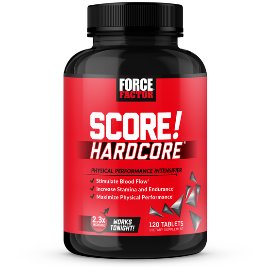 Score! Hardcore supplement bottle promoting physical performance, with a red and black design and bold text on the label.