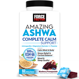 Amazing Ashwa bottle promoting calm, stress relief, and sleep support with 600mg KSM-66 Ashwagandha.