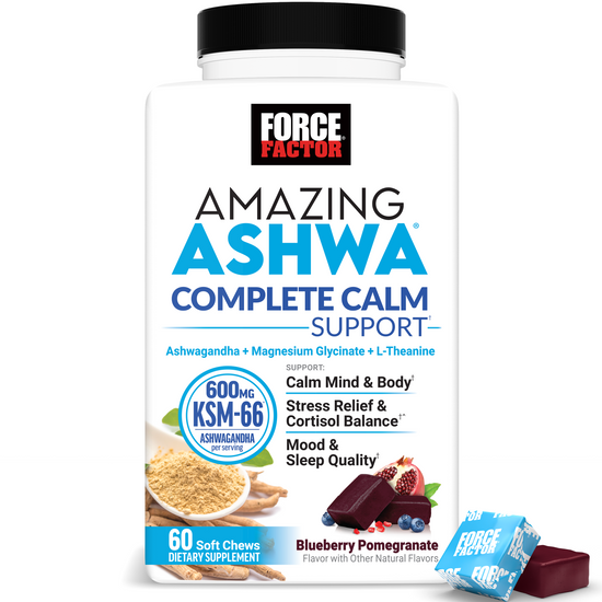 Amazing Ashwa bottle promoting calm, stress relief, and sleep support with 600mg KSM-66 Ashwagandha.