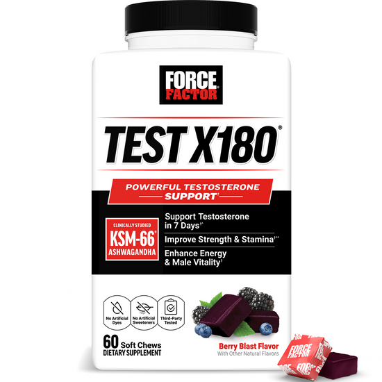 Force Factor Test X180 bottle showing product benefits and berry blast soft chews.