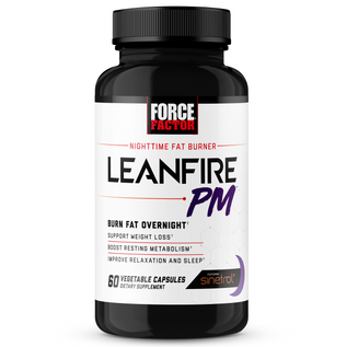 LeanFire PM bottle with key benefits including to support weight loss and sleep support