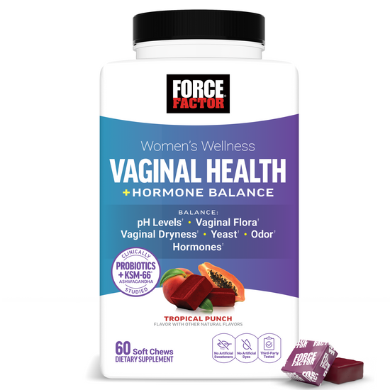 Force Factor Vaginal Health + Hormone Balance bottle with tropical punch flavor