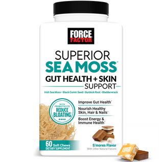 Force Factor Superior Sea Moss bottle promoting gut health, radiant skin, energy, and immune health with s’mores flavor.