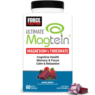 Force Factor Ultimate Magtein bottle with soft chews and mixed berries