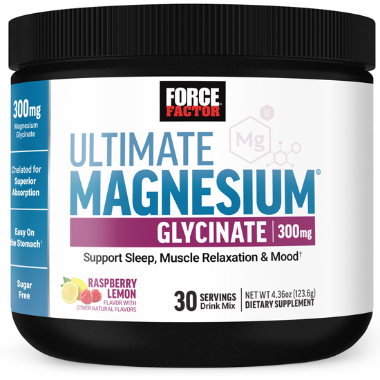 Force Factor Ultimate Magnesium Glycinate container promoting relaxation, sleep support, and stress relief.