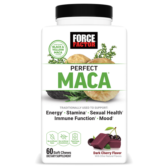 Force Factor Perfect Maca soft chews support energy, stamina, sexual health, immune function, and mood, with dark cherry flavor.