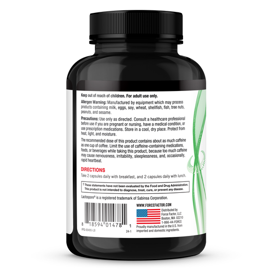 Supplement bottle with dosage instructions, nutrition facts, and a warning label, featuring a green and white design.