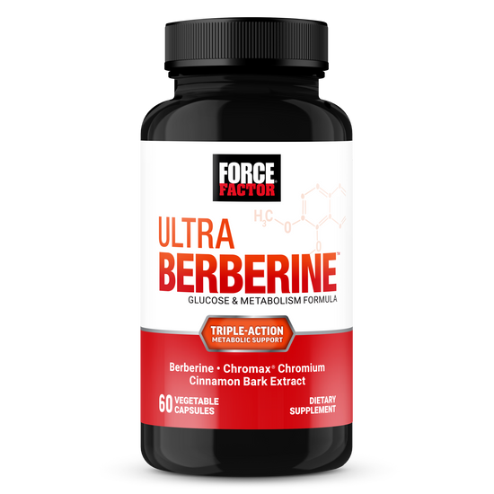 Ultra Berberine supplement bottle with triple-action metabolic support featuring Berberine, Chromium, and Cinnamon Bark Extract.
