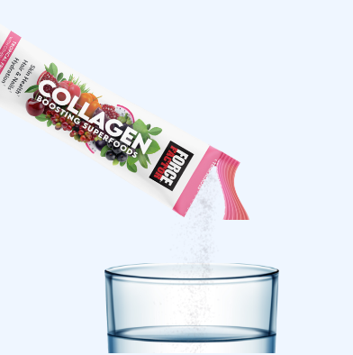Collagen Boosting Superfoods stick pack pouring into a glass of water.