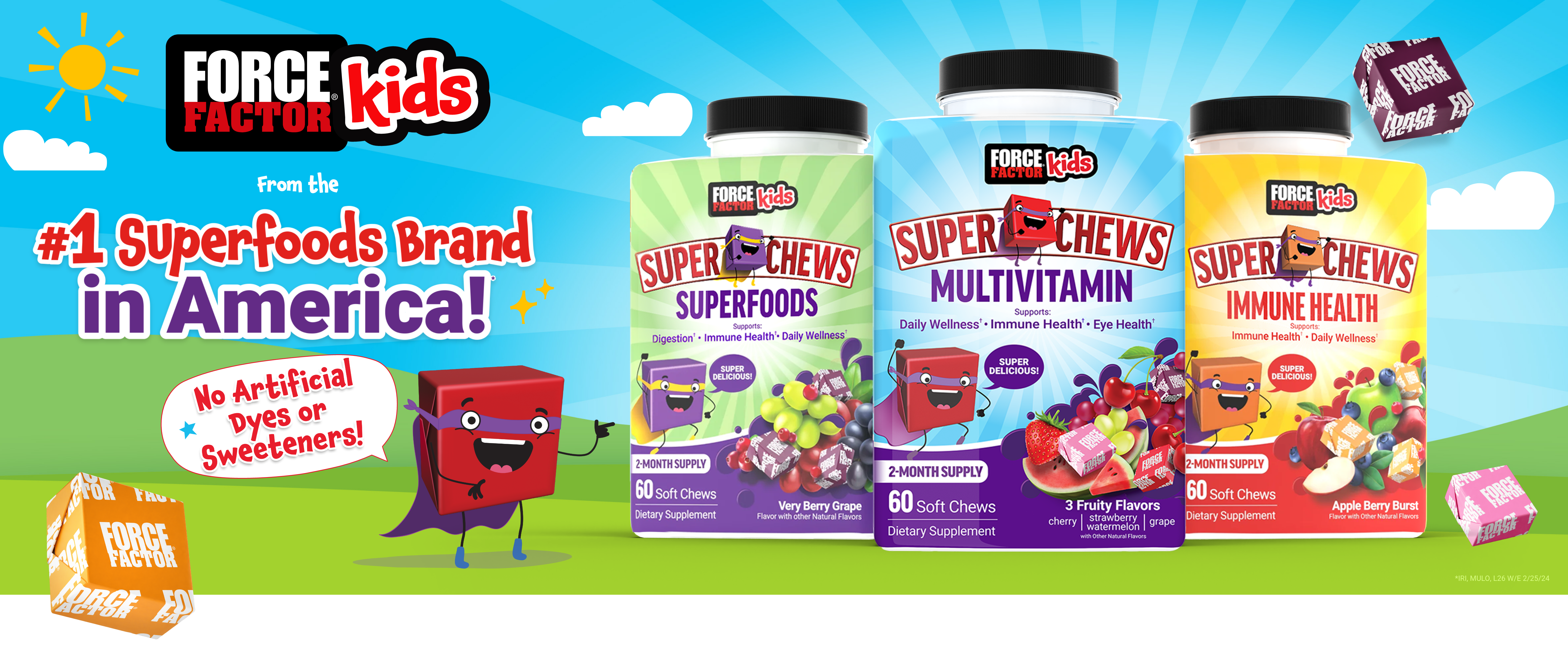 Force Factor Kids logo and #1 Superfoods Brand in America. Force Factor Kids Superfoods, Multivitamin, and Immunity Super Chews.
