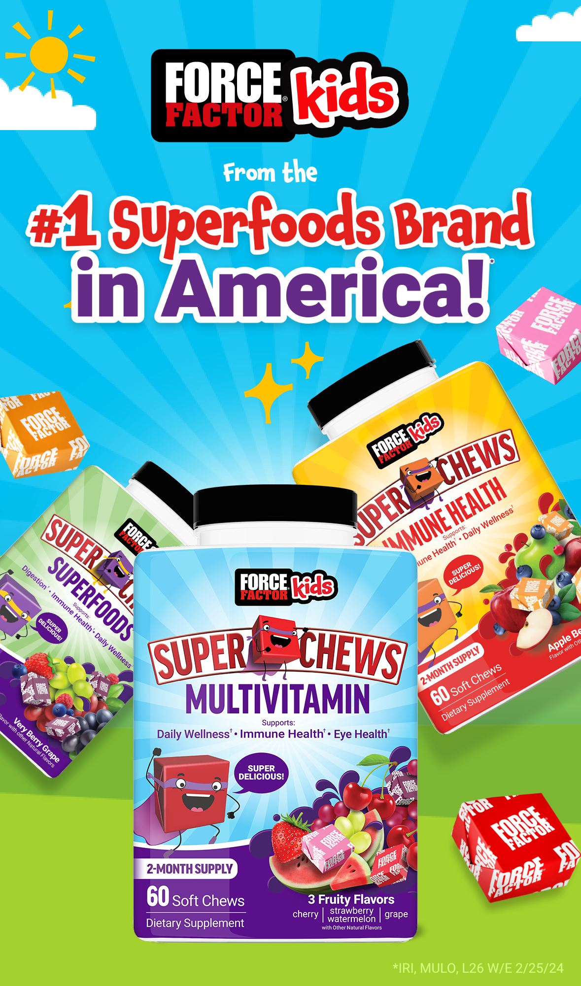 Force Factor Kids logo and #1 Superfoods Brand in America. Force Factor Kids Superfoods, Multivitamin, and Immunity Super Chews.