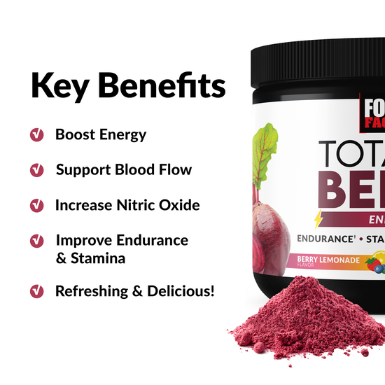 Total Beets supplement jar with benefits: boosts energy, supports blood flow, increases nitric oxide, improves endurance.