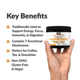 Key Benefits. Traditionally used to support energy, focus, immunity, & digestion. Contains 7 functional mushrooms. Perfect for coffee, tea, & smoothies. Non-GMO, gluten free, & vegan.