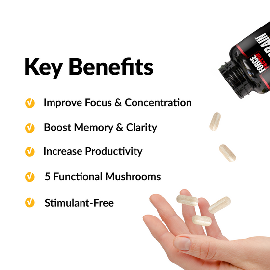 KEY BENEFITS: Improve Focus & Concentration, Boost Memory & Clarity, Increase Productivity, 5 Functional Mushrooms, Stimulant-Free