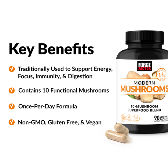 Supplement bottle labeled "Modern Mushrooms" with key benefits: energy, focus, immunity, digestion; non-GMO, gluten-free, vegan.