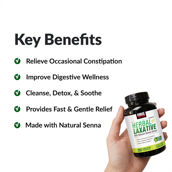 Bottle of herbal laxative with key benefits: relieves constipation, improves digestion, and contains natural senna.