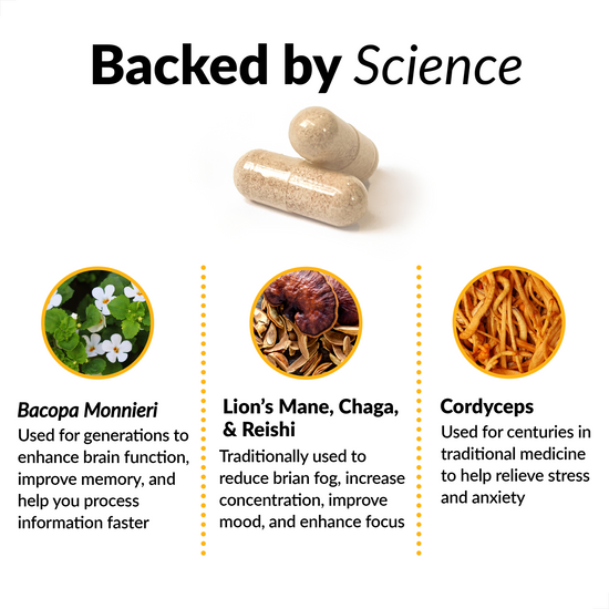 BACKED BY SCIENCE. Bacopa monnieri Used for generations to enhance brain function, improve memory, and help you process information faster.    Lion's Mane, Chaga, & Reishi  Traditionally used to reduce brian fog, increase concentration, improve mood, and enhance focus.   Cordyceps Cordyceps has been used for centuries in traditional medicine to help relieve stress and anxiety.