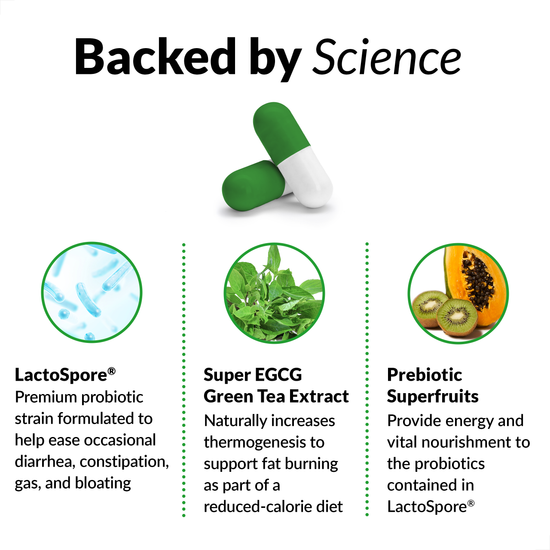 BACKED BY SCIENCE LactoSpore® Premium probiotic strain formulated to help ease occasional diarrhea, constipation, gas, and bloating Super EGCG Green Tea Extract Naturally increases thermogenesis to support fat burning as part of a reduced-calorie diet Prebiotic Superfruits Provide energy and vital nourishment to the probiotics contained in LactoSpore®