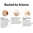 Mushroom supplement highlights: Super-10 blend, fruiting body extracts, and premium vegetable capsules for optimal nutrition.