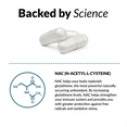 BACKED BY SCIENCE - NAC (N-ACETYL-L-CYSTEINE) NAC helps your body replenish glutathione, the most powerful naturally occurring antioxidant. By increasing glutathione levels, NAC helps strengthen your immune system and provides you with greater protection against free radicals and oxidative stress.