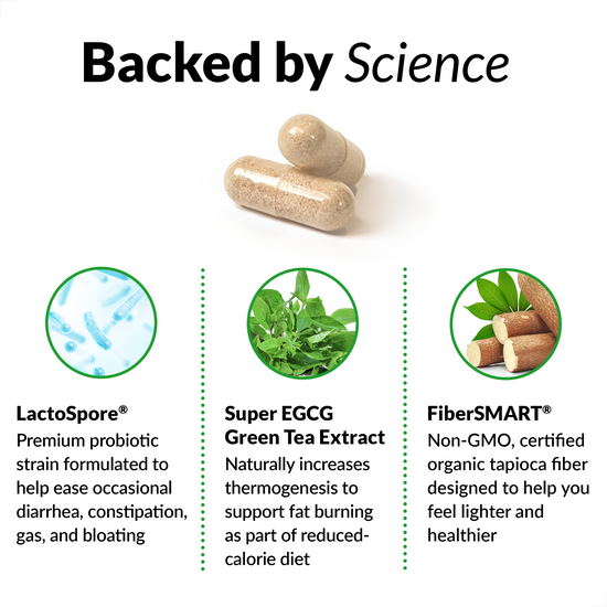 BACKED BY SCIENCE LactoSpore® Premium probiotic strain formulated to help ease occasional diarrhea, constipation, gas, and bloating    Super EGCG Green Tea Extract  Naturally increases thermogenesis to support fat burning as part of a reduced-calorie diet  FiberSMART® Non-GMO, certified organic tapioca fiber designed to help you feel lighter and healthier