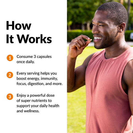 Man taking a supplement capsule outdoors, with health benefits listed beside him.
