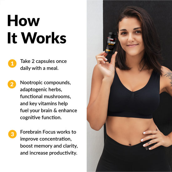 HOW IT WORKS  Take 2 capsules once daily with a meal. Nootropic compounds, adaptogenic herbs, functional mushrooms, and key vitamins to help fuel your brain and enhance cognitive function. Forebrain Focus works to improve concentration, boost memory and clarity, and increase productivity.
