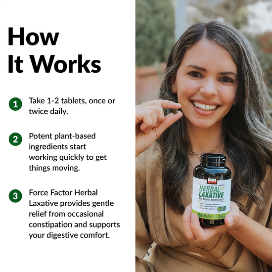Woman holding a bottle of Force Factor Herbal Laxative, explaining its use for digestive comfort and relief.