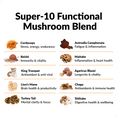 Super-10 Functional Mushroom Blend ingredients and benefits, including Cordyceps, Reishi, and Lion's Mane.