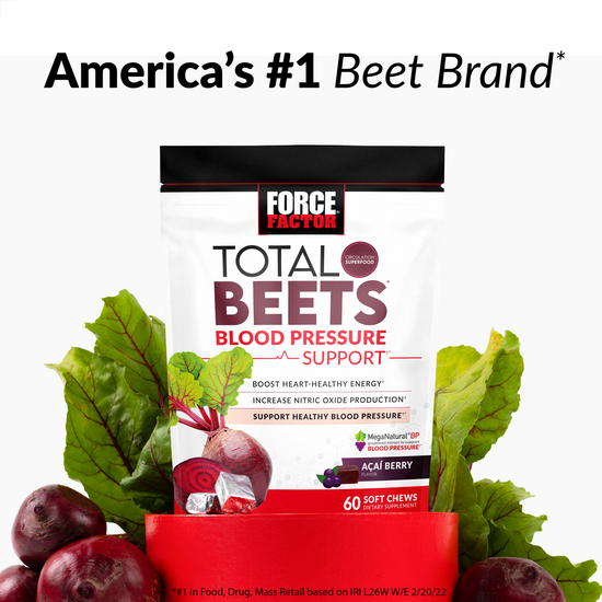Total Beets supplement package with beets and leafy greens, promoting blood pressure support and energy.