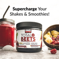 Total Beets supplement container with smoothies and fruit, highlighting benefits for shakes and smoothies.