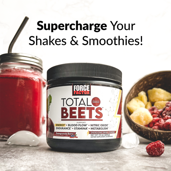Total Beets supplement container with smoothies and fruit, highlighting benefits for shakes and smoothies.