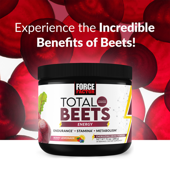 Total Beets supplement jar with a red background highlighting the benefits of beets for energy and endurance.