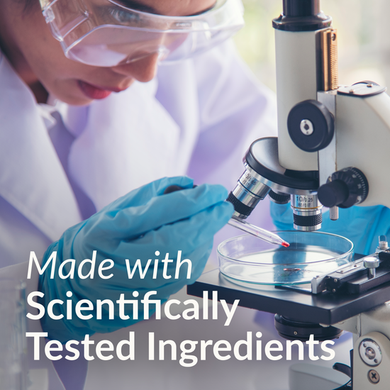 Scientist using a microscope with a petri dish, emphasizing scientifically tested ingredients for health supplements.