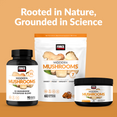 Modern Mushrooms products displayed: a bottle, a pouch, and a tub on a peach background with a tagline above.