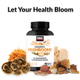 Bottle of Modern Mushrooms supplement surrounded by various mushrooms, with "Let Your Health Bloom" text above.