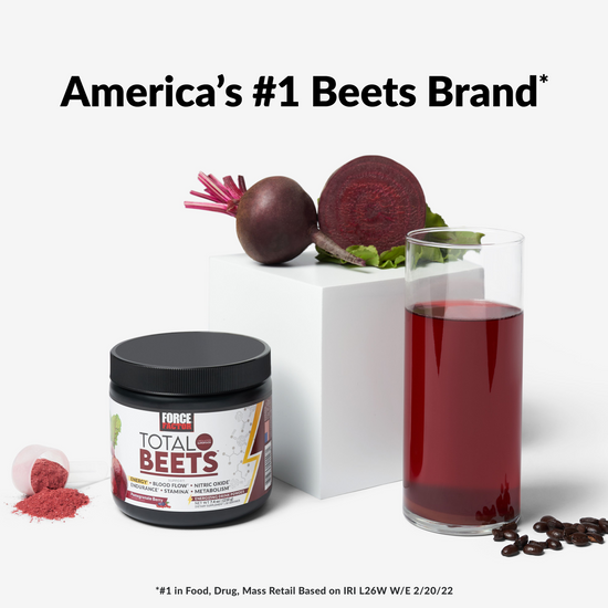 Beetroot, powdered supplement, and glass of beet juice displayed on a white background; text states "America's #1 Beets Brand."