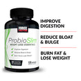 ProbioSlim supplement bottle with claims for improved digestion, reduced bloating, and fat loss.
