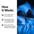 HOW IT WORKS  Take 2 tablets 30-60 minutes before bed.  The powerful formula starts working to help you fall asleep quickly. Enjoy a deep, restful sleep and wake up feeling refreshed and energized.