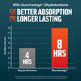 Bar graph showing GlucoVantage lasts 8 hours vs. 4 hours for regular berberine, with 5X better absorption and 2X longer duration.