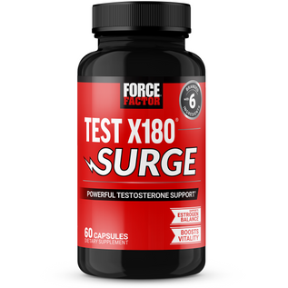 Black supplement bottle labeled "Test X180 Surge" for testosterone support, featuring 60 capsules and a vibrant red design.