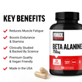 Force Factor Beta Alanine 750mg bottle with key benefits reducing muscle fatigue, boosting endurance, stamina, and clinically studied

