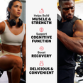 Athletic woman lunging with dumbbells and muscular man flexing, text highlighting muscle, strength, recovery, and cognitive support benefits.