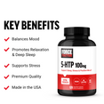 Force Factor 5-HTP 100mg bottle with key benefits balancing mood, promoting relaxation, deep sleep, stress support, and made in the USA
