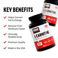 Force Factor L-Carnitine bottle next to benefits list: fat to energy, faster recovery, studied dose, quality, made in the USA.
