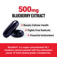 Two dark blueberry softgels with text showing 500mg BlueRich blueberry extract boosts cellular health, fights free radicals, and provides antioxidant support