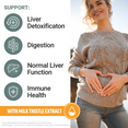 Woman outdoors smiling with hands on stomach beside icons listing liver detox, digestion, liver function, immune support.
