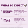 Visible, thicker hair in 3 weeks in areas with baby hairs; fuller, healthier hair may appear in a few months.